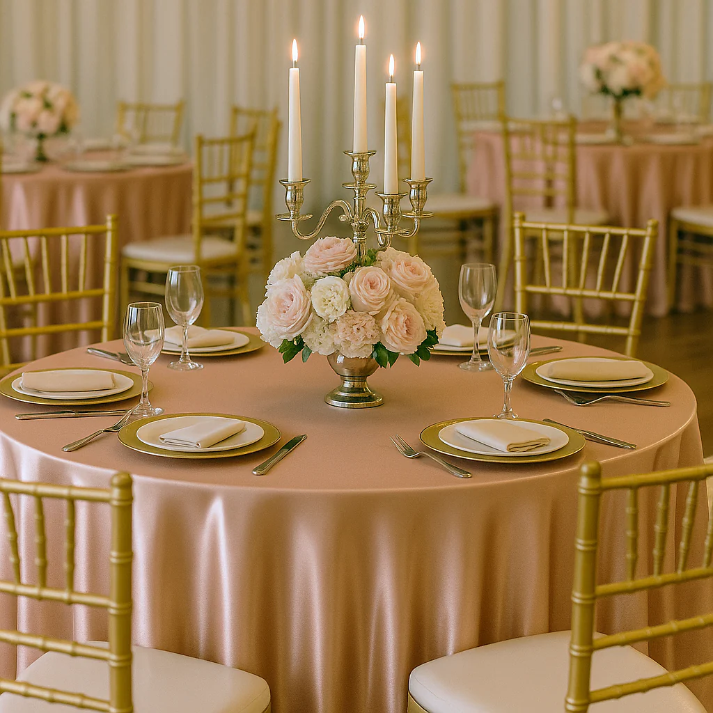 Premium Satin (Wrinkle-Resistant) 120" Round Tablecloth - Blush/Rose Gold - Image 2