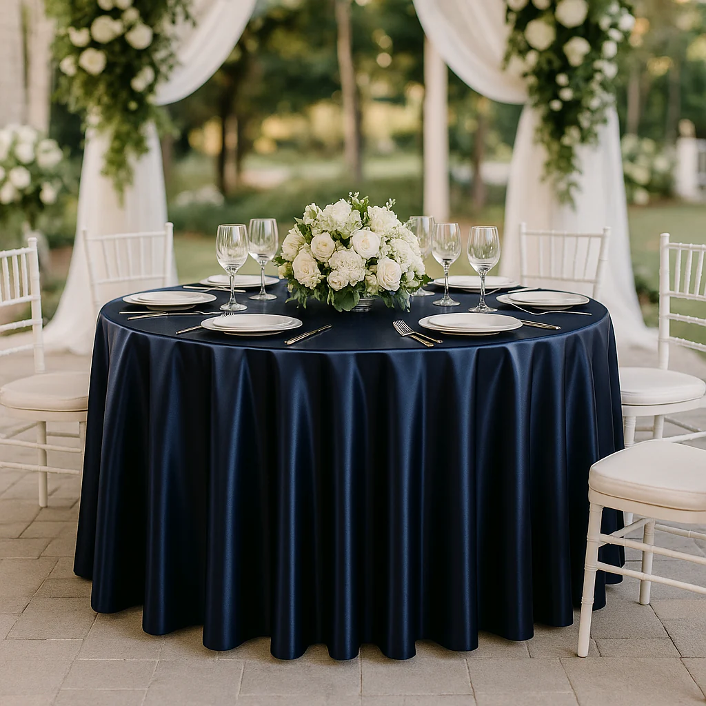 Premium Satin (Wrinkle-Resistant) 120" Round Tablecloth - Navy Blue - Image 2