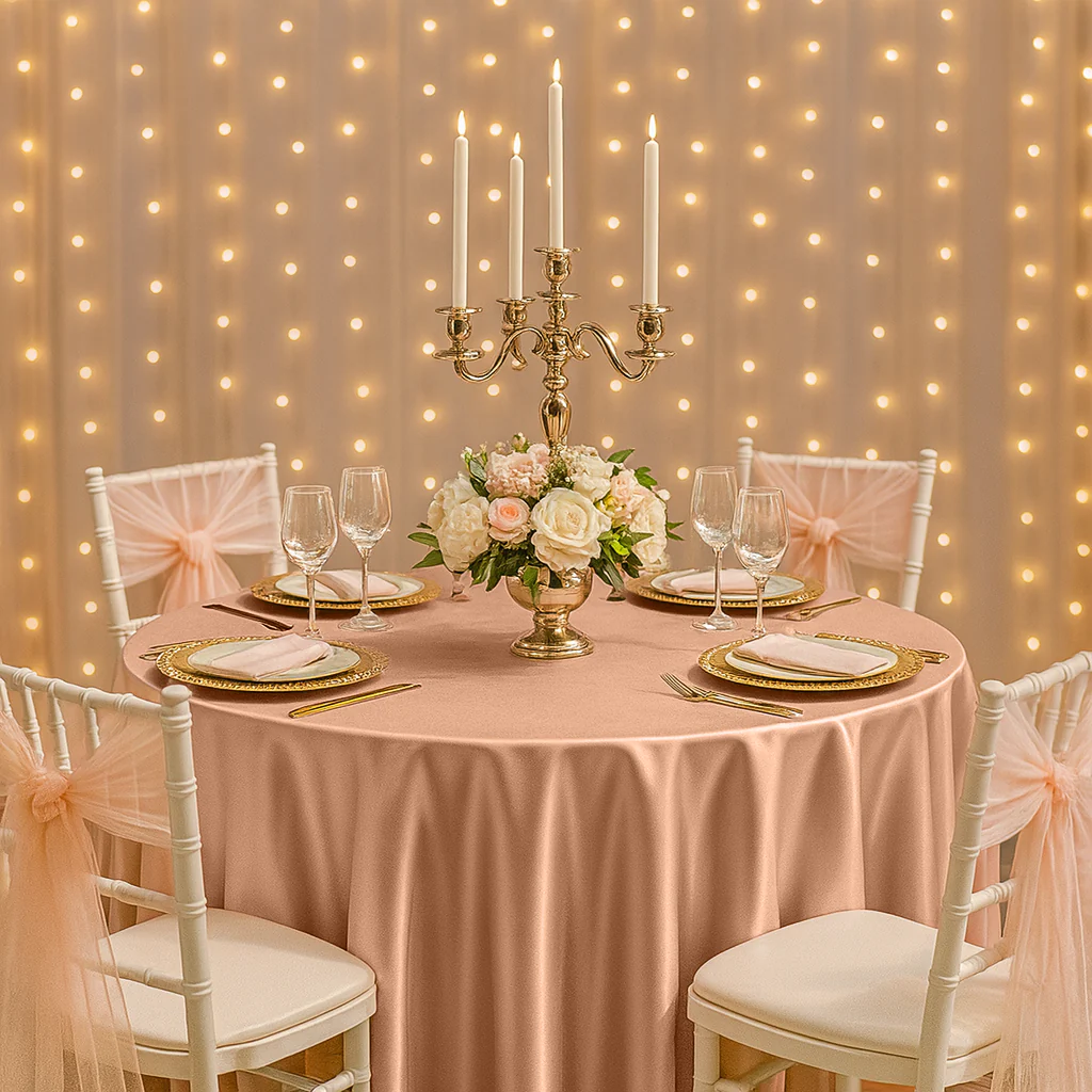 Premium Satin (Wrinkle-Resistant) 132" Round Tablecloth - Blush/Rose Gold - Image 6