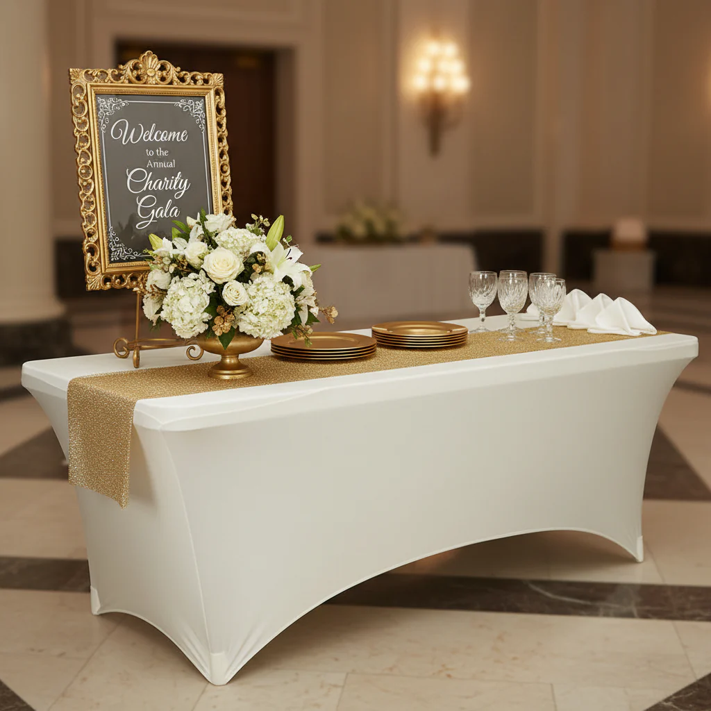 Rectangular 8 FT Spandex Table Cover - Ivory - Image 4