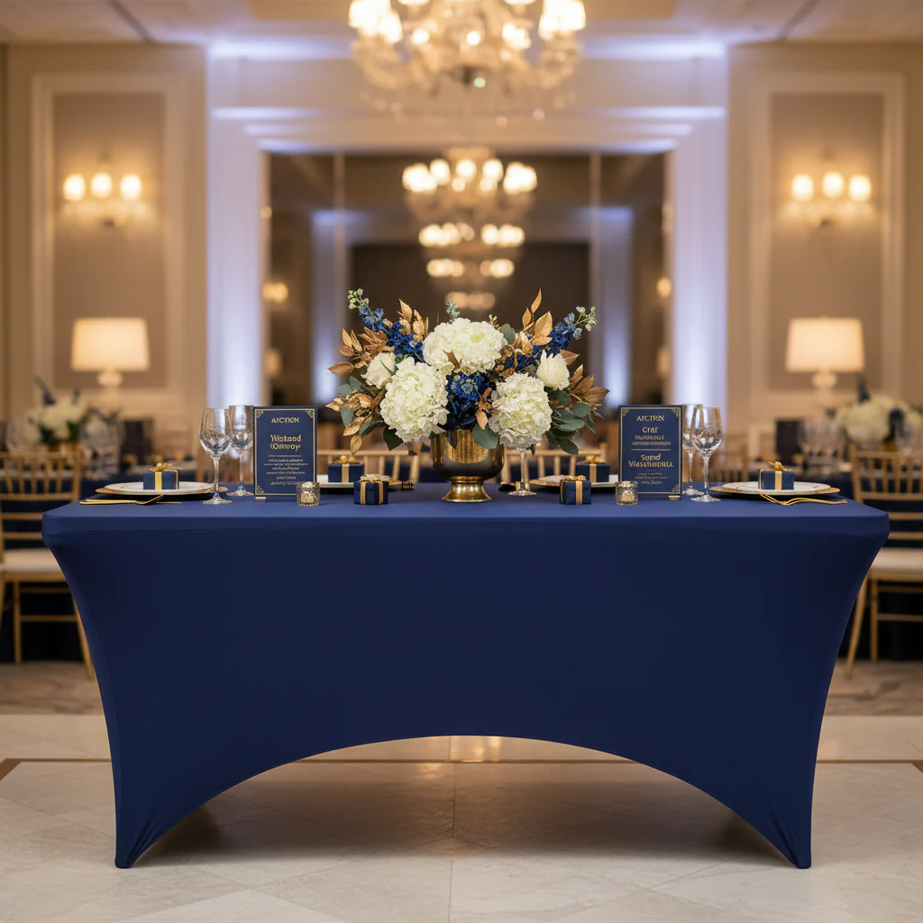 Rectangular 8 FT Spandex Table Cover - Navy Blue - Image 3