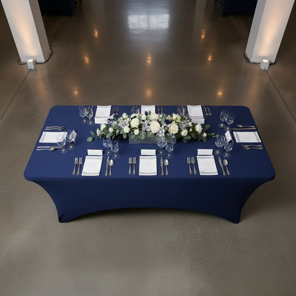 Rectangular 8 FT Spandex Table Cover - Navy Blue - Image 4