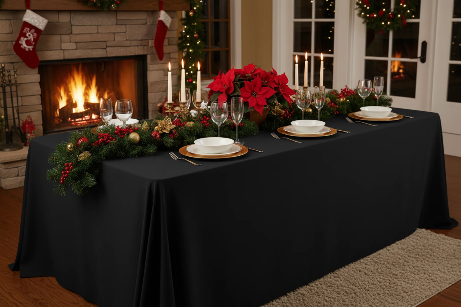 90"x132" Rectangular Premium Polyester Tablecloth (Square Corners) - Black - Image 3