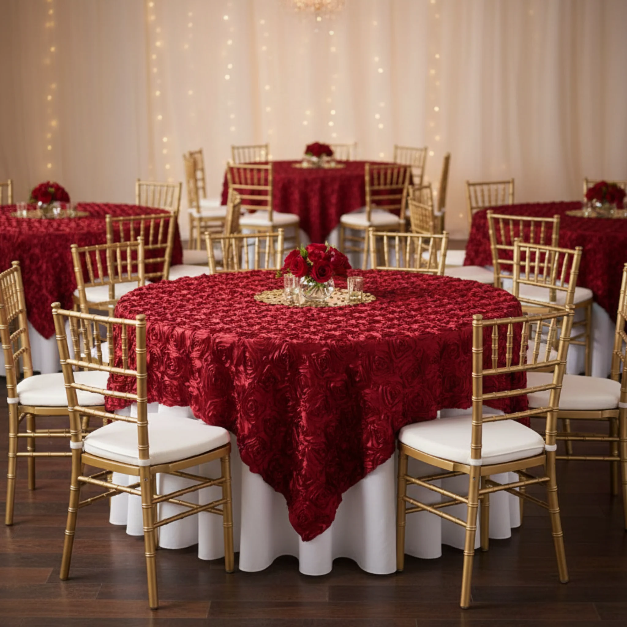 Rosette Satin Table Overlay Topper 85"x85" - Apple Red - Image 2