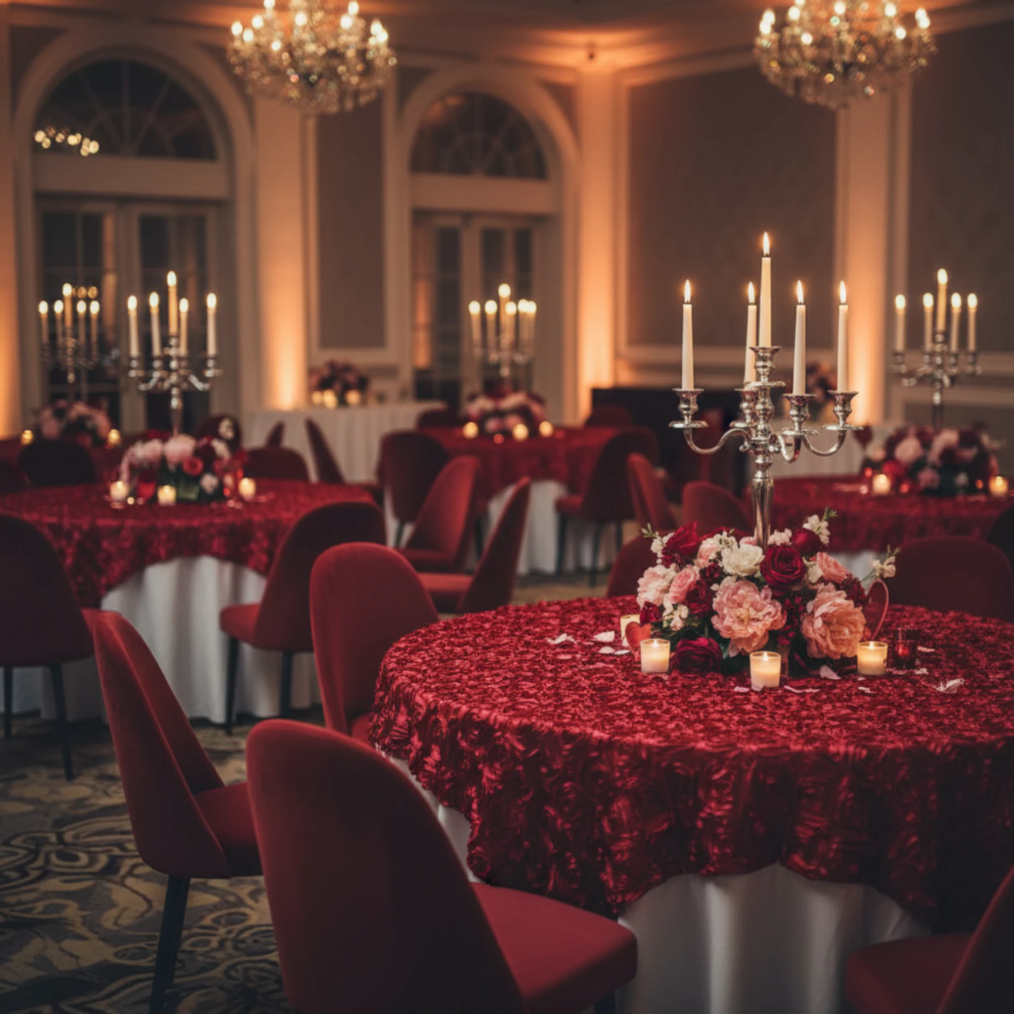 Rosette Satin Table Overlay Topper 85"x85" - Apple Red - Image 3
