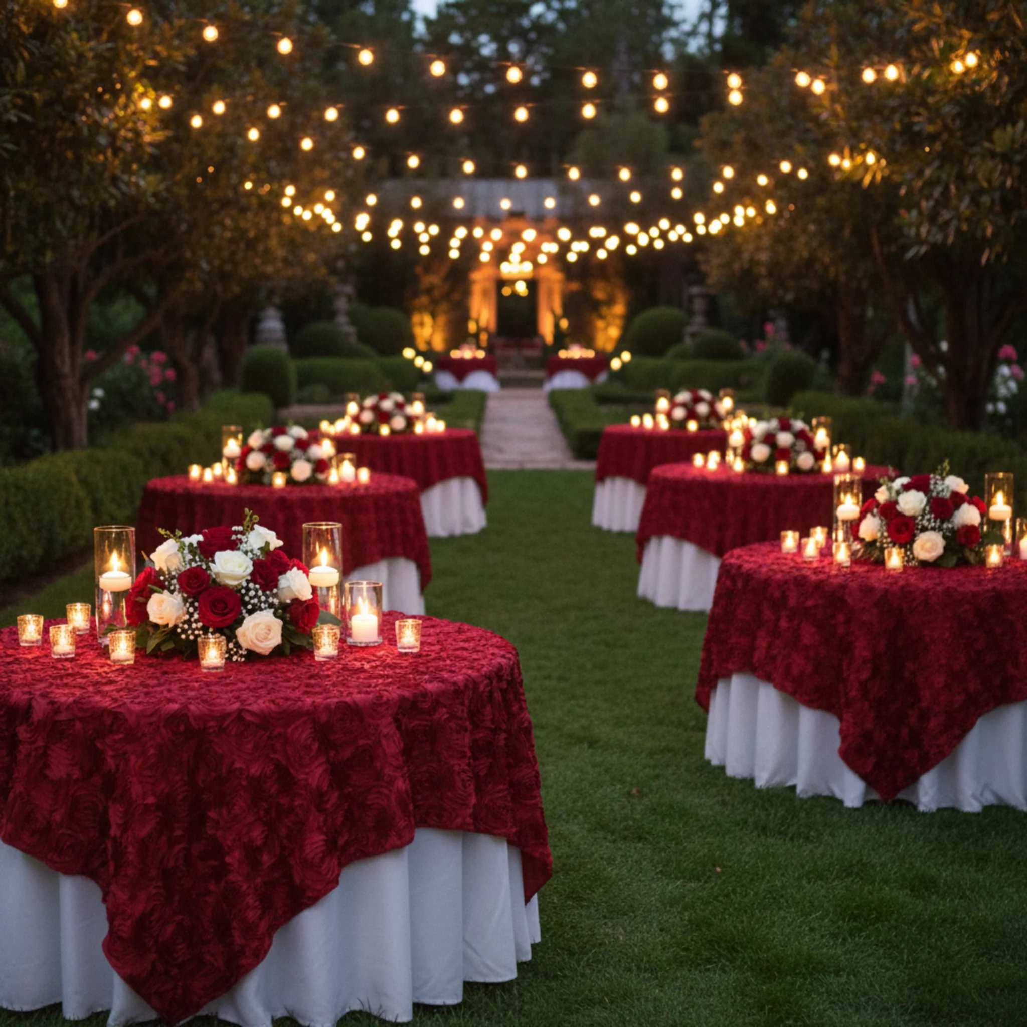 Rosette Satin Table Overlay Topper 85"x85" - Apple Red - Image 4