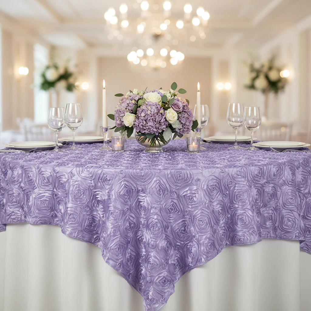 Rosette Satin Table Overlay Topper 85"x85" - Lavender