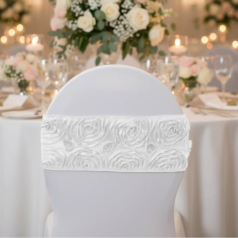 Rosette Spandex Chair Sash Band - White
