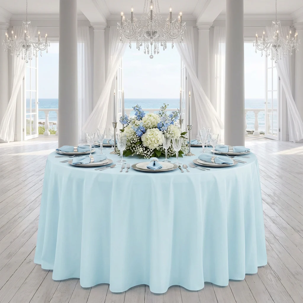 Round Premium Polyester 132" Tablecloth - Baby Blue - Image 2