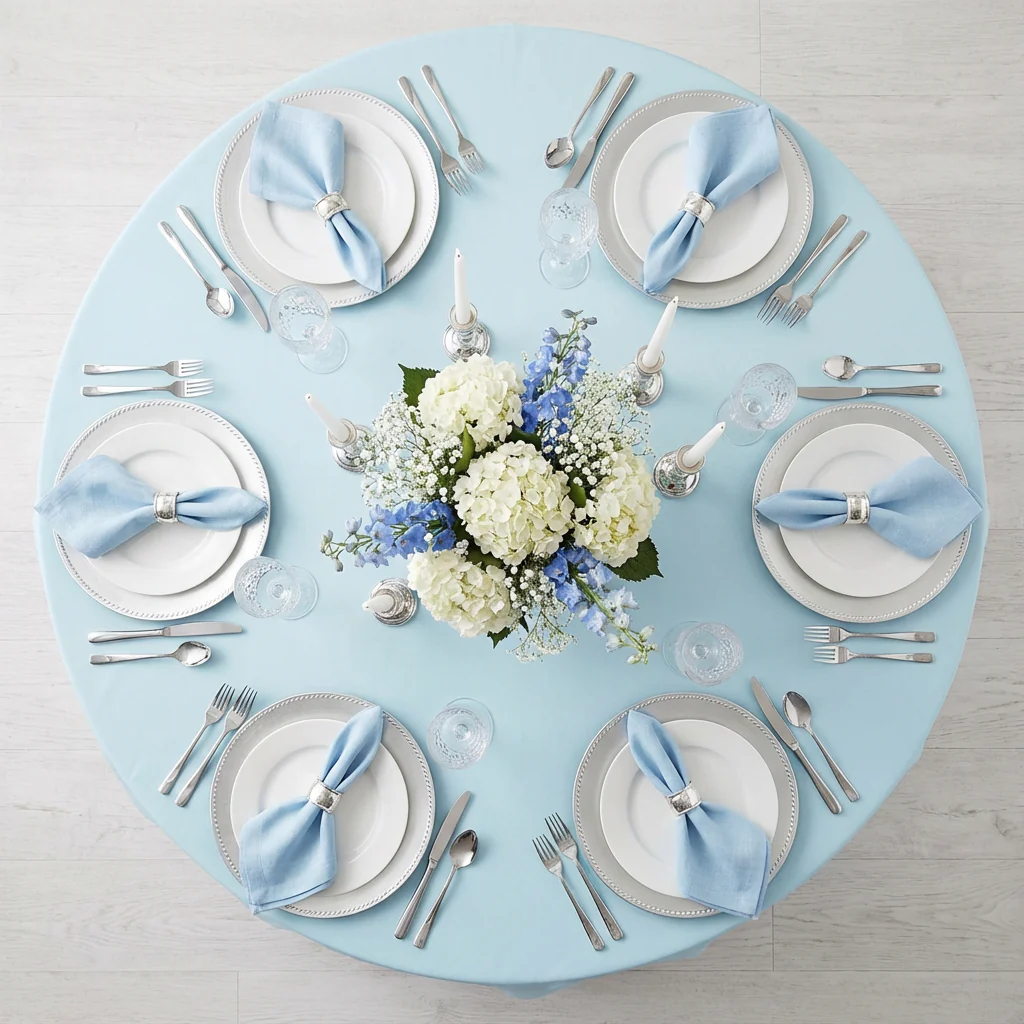 Round Premium Polyester 132" Tablecloth - Baby Blue - Image 3
