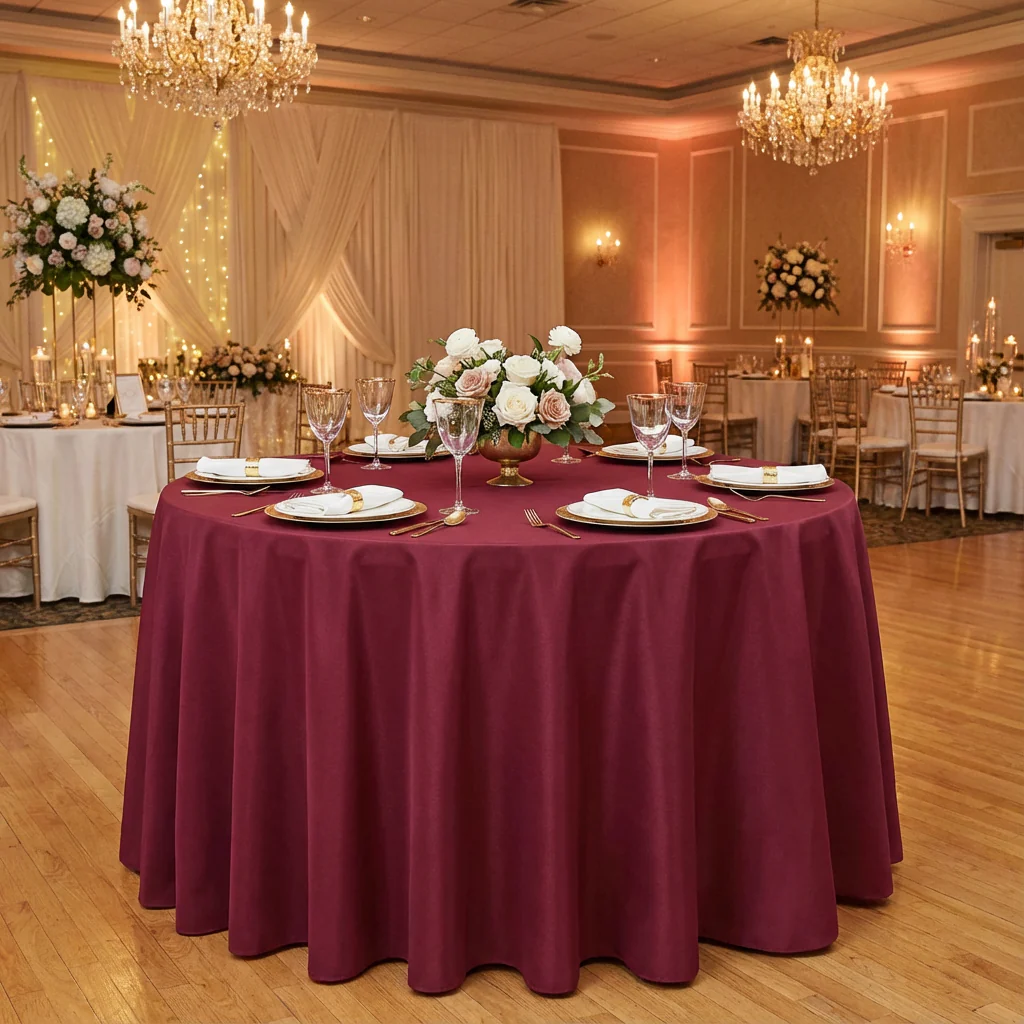 Round Premium Polyester 132" Tablecloth - Burgundy - Image 2