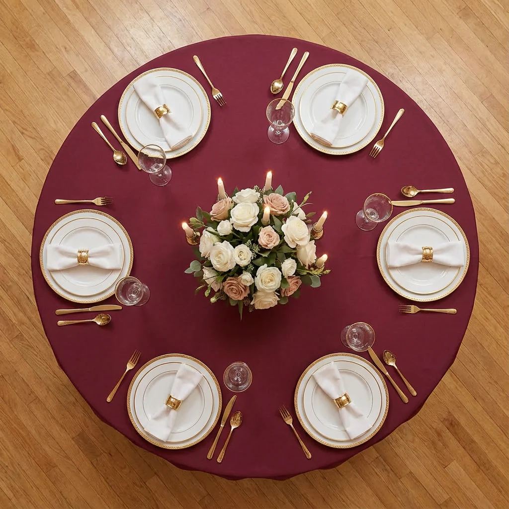 Round Premium Polyester 132" Tablecloth - Burgundy - Image 3