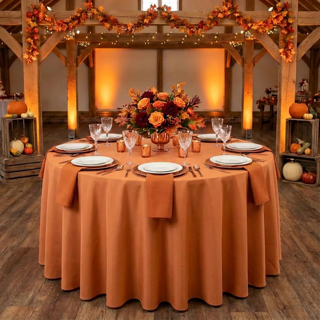 Round Premium Polyester 132" Tablecloth - Burnt Orange - Image 2