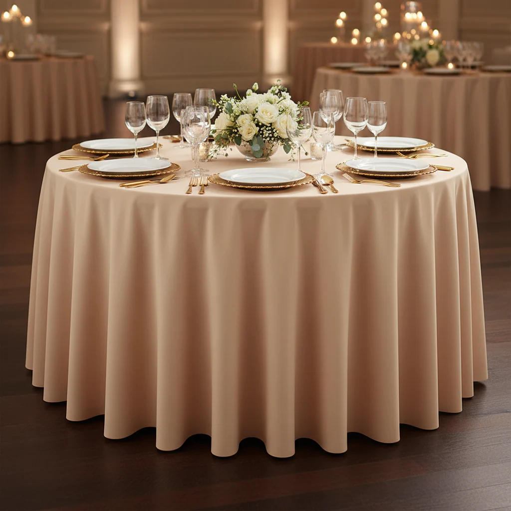 Round Premium Polyester 132" Tablecloth - Champagne - Image 3