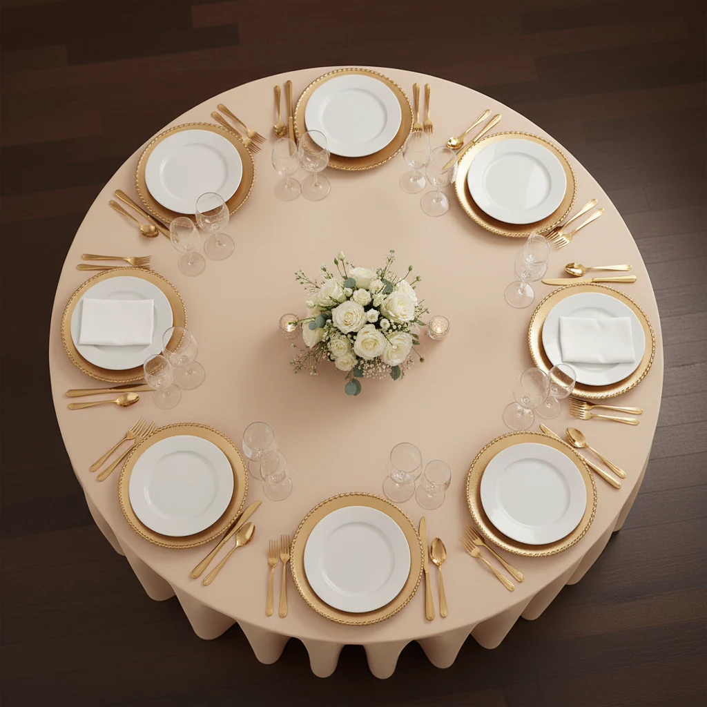 Round Premium Polyester 132" Tablecloth - Champagne - Image 4