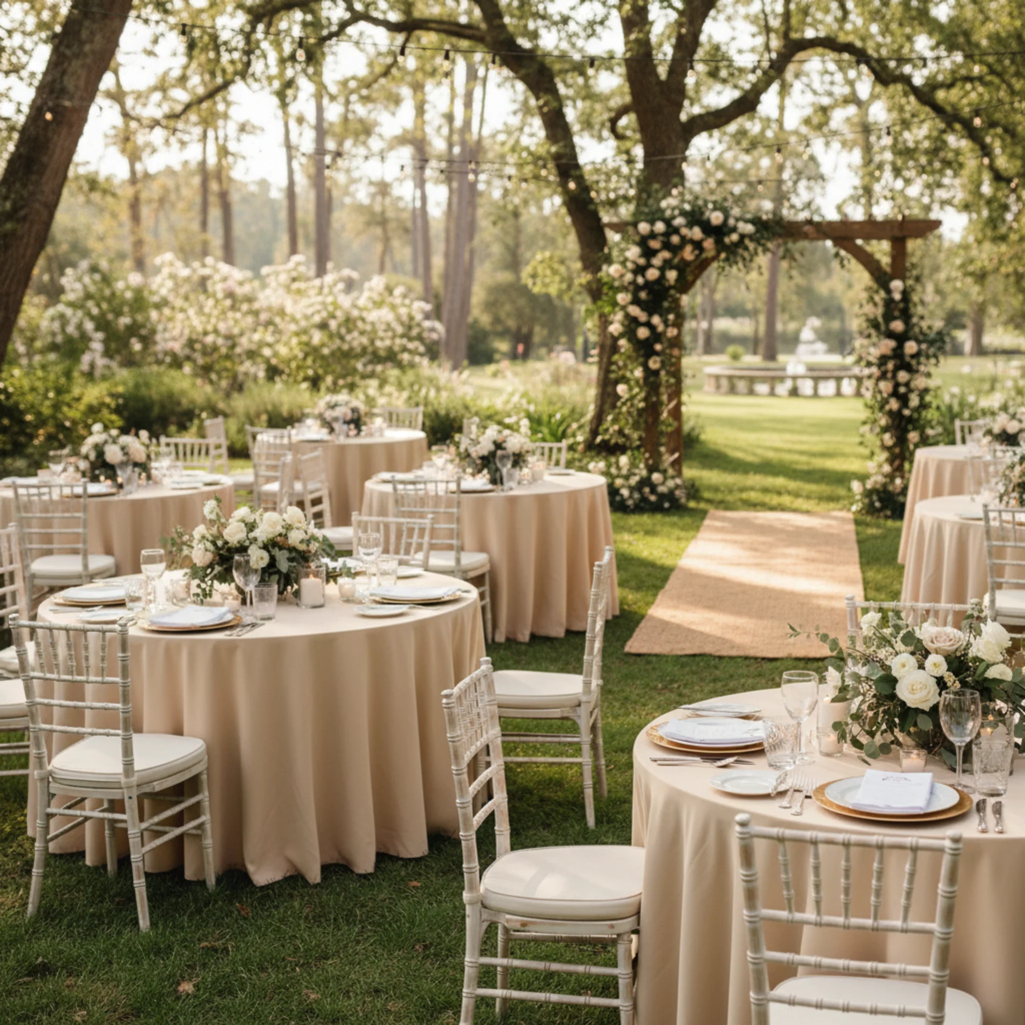 Round Premium Polyester 132" Tablecloth - Champagne - Image 5