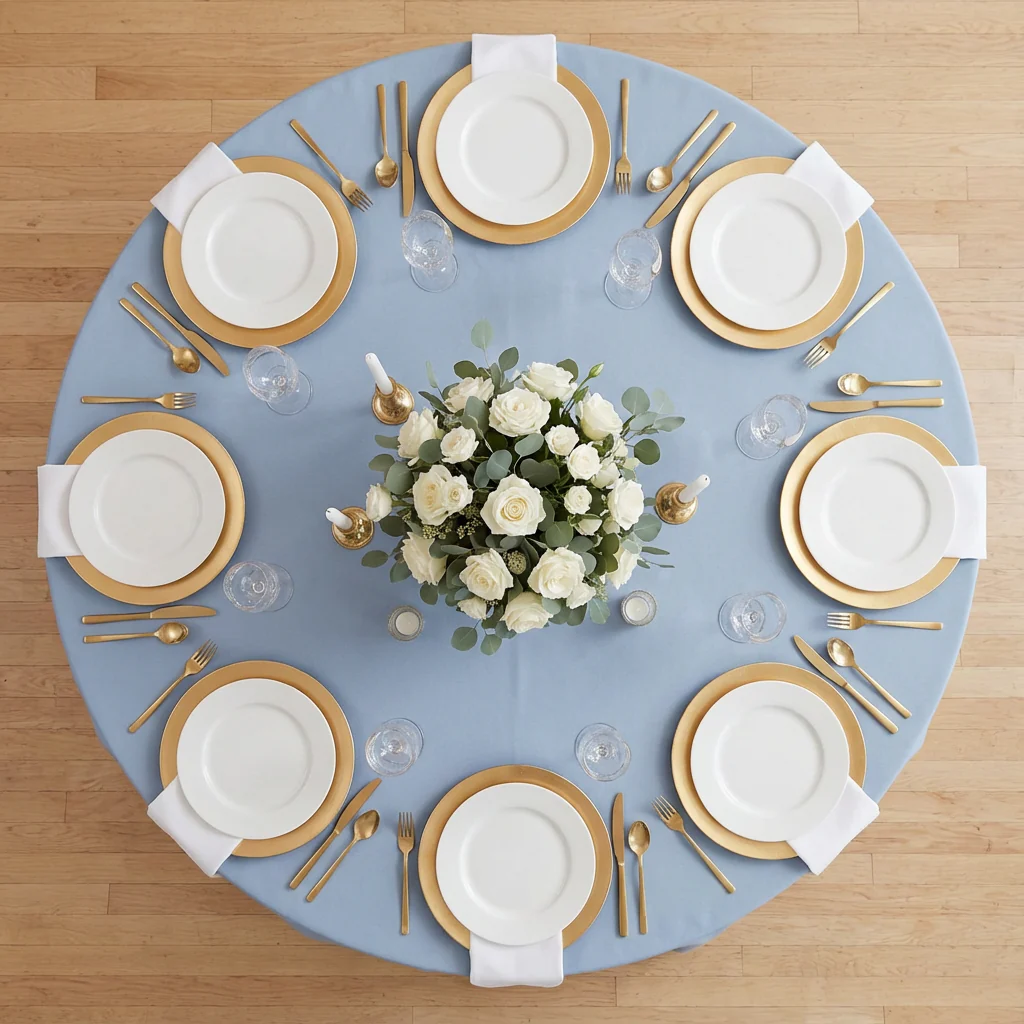 Round Premium Polyester 132" Tablecloth - Dusty Blue - Image 3