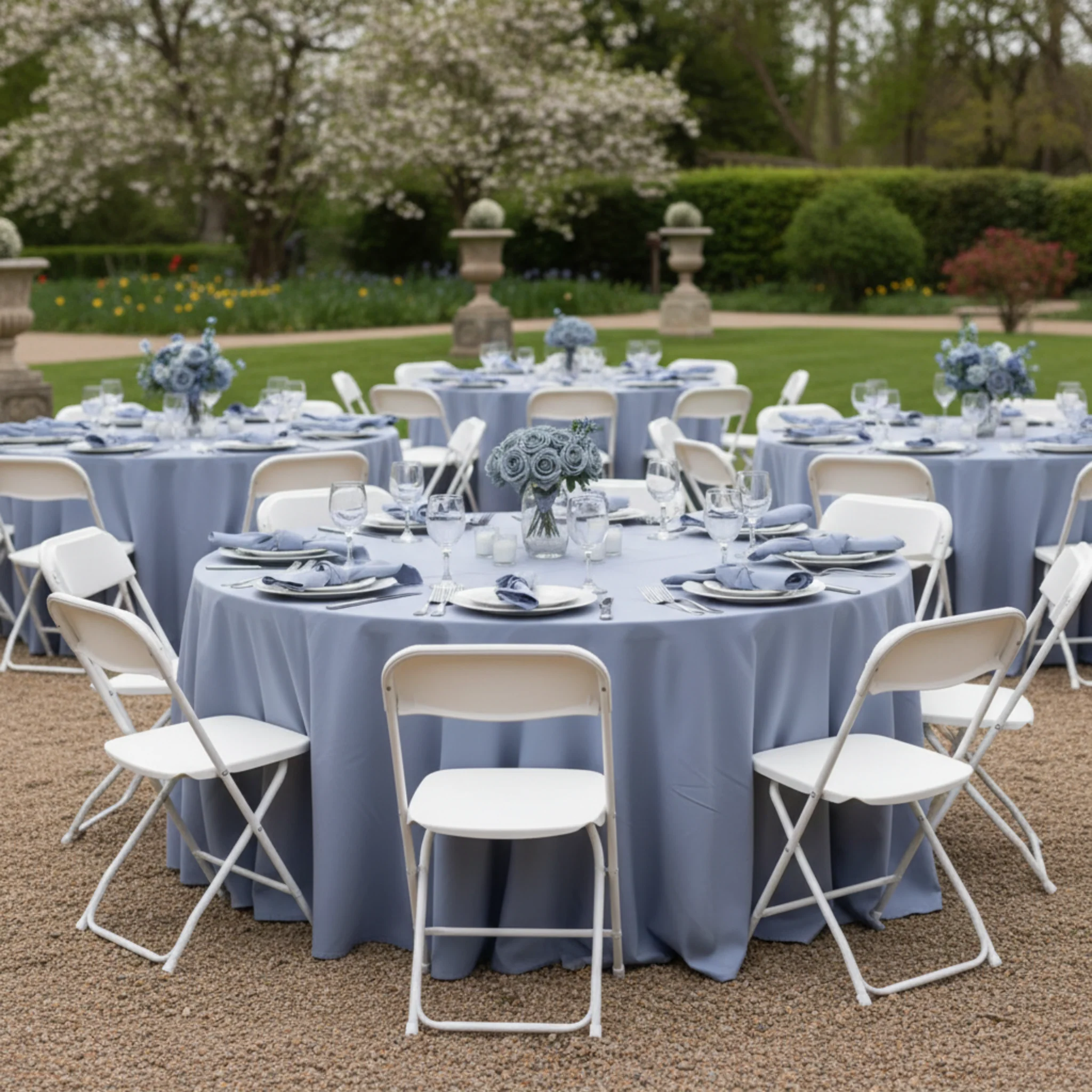 Round Premium Polyester 132" Tablecloth - Dusty Blue - Image 5