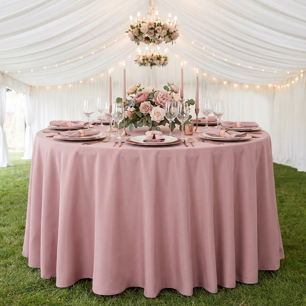 Round Premium Polyester 132" Tablecloth - Dusty Rose/Mauve - Image 2
