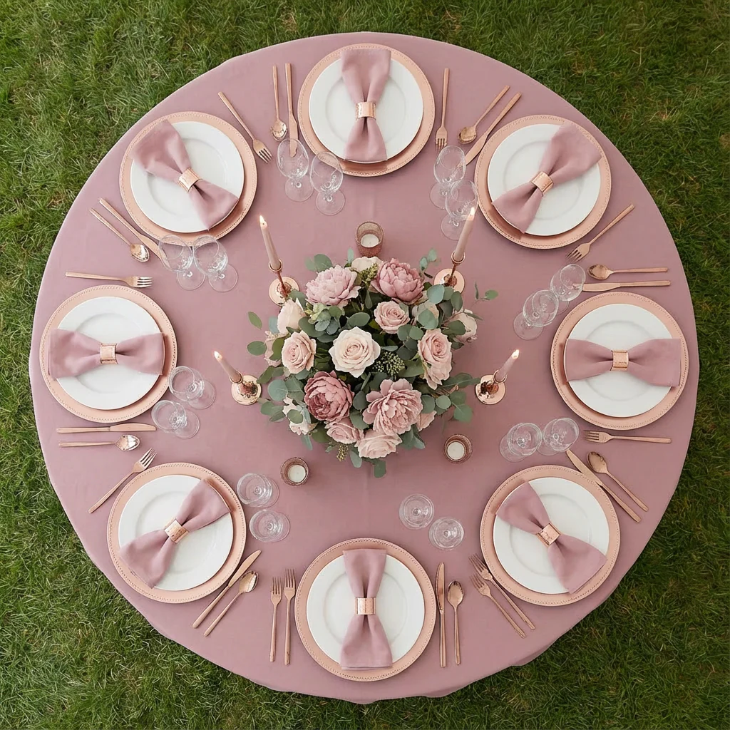 Round Premium Polyester 132" Tablecloth - Dusty Rose/Mauve - Image 3