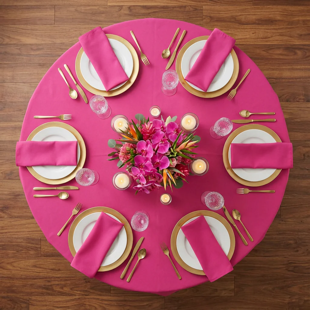 Round Premium Polyester 132" Tablecloth - Fuchsia - Image 3
