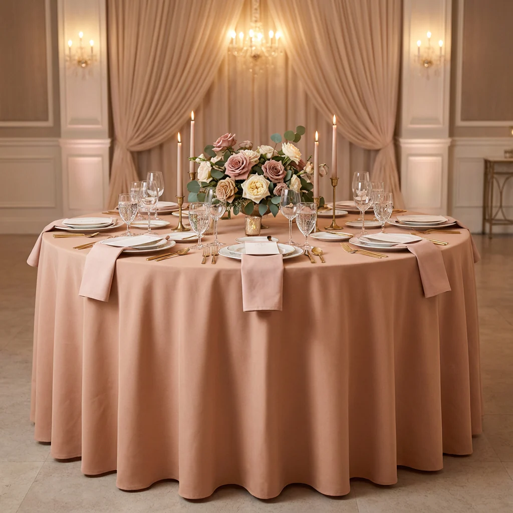 Round Premium Polyester 132" Tablecloth - Latte Rose - Image 2