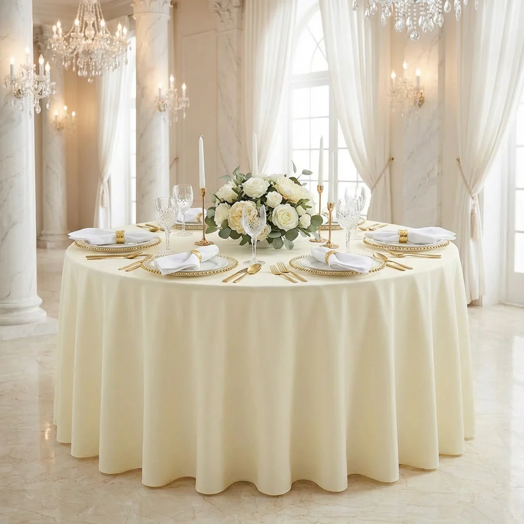 Round Premium Polyester 132" Tablecloth - Light Ivory/Off White - Image 2
