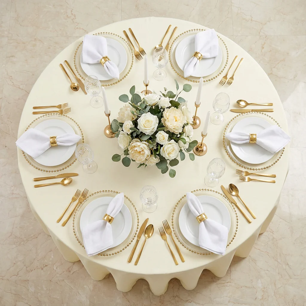Round Premium Polyester 132" Tablecloth - Light Ivory/Off White - Image 3