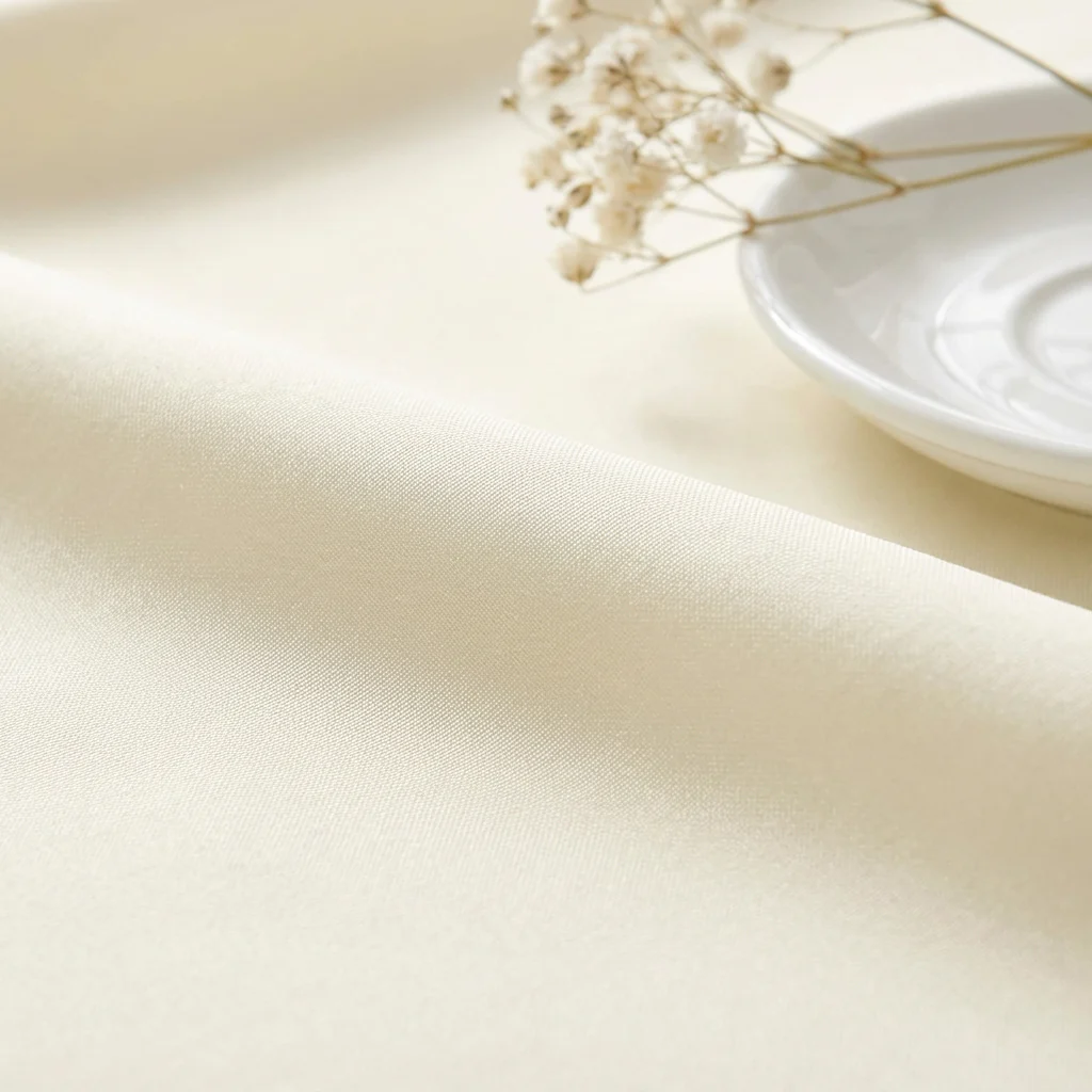 Round Premium Polyester 132" Tablecloth - Light Ivory/Off White - Image 4
