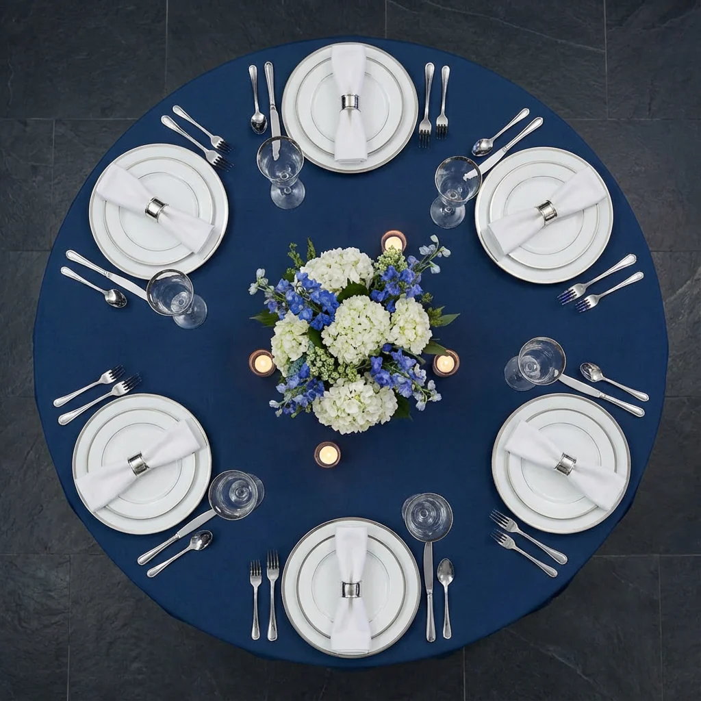 Round Premium Polyester 132" Tablecloth - Navy Blue - Image 3