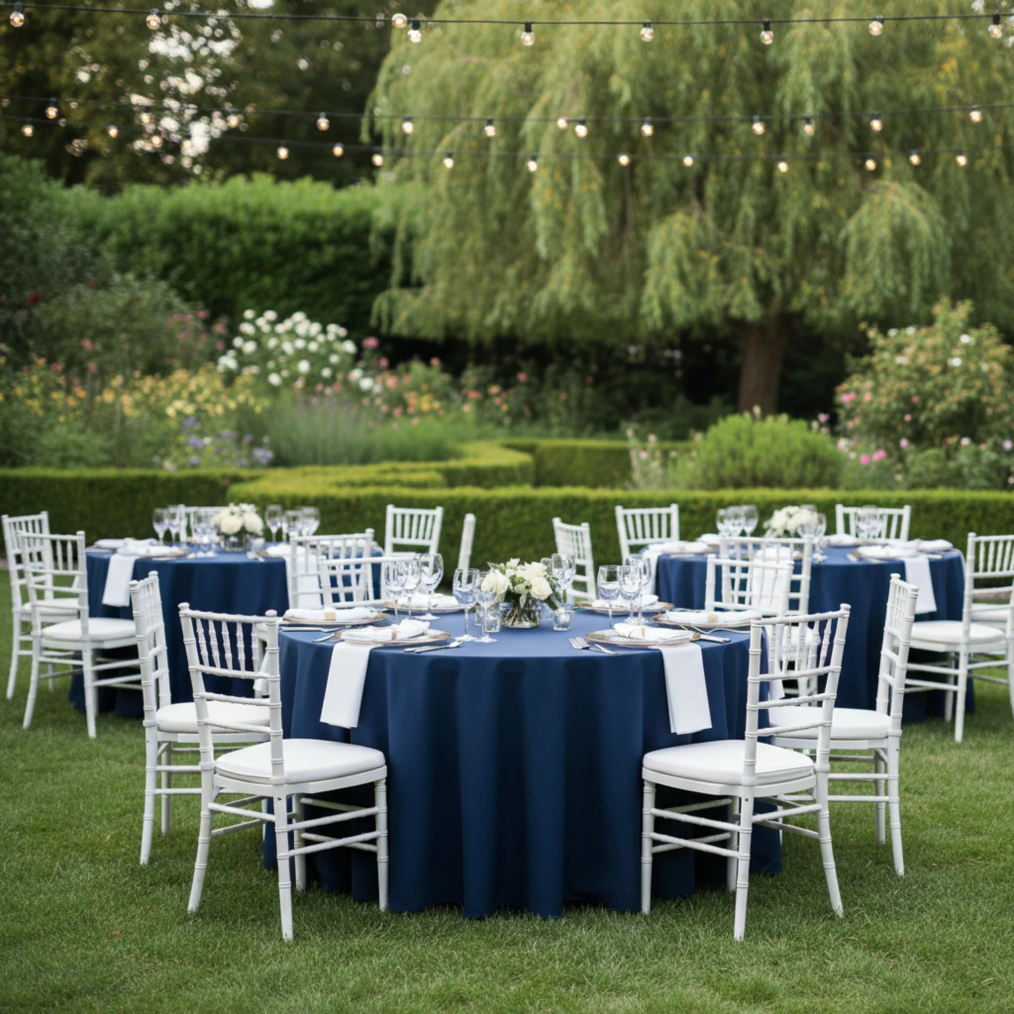 Round Premium Polyester 132" Tablecloth - Navy Blue - Image 5