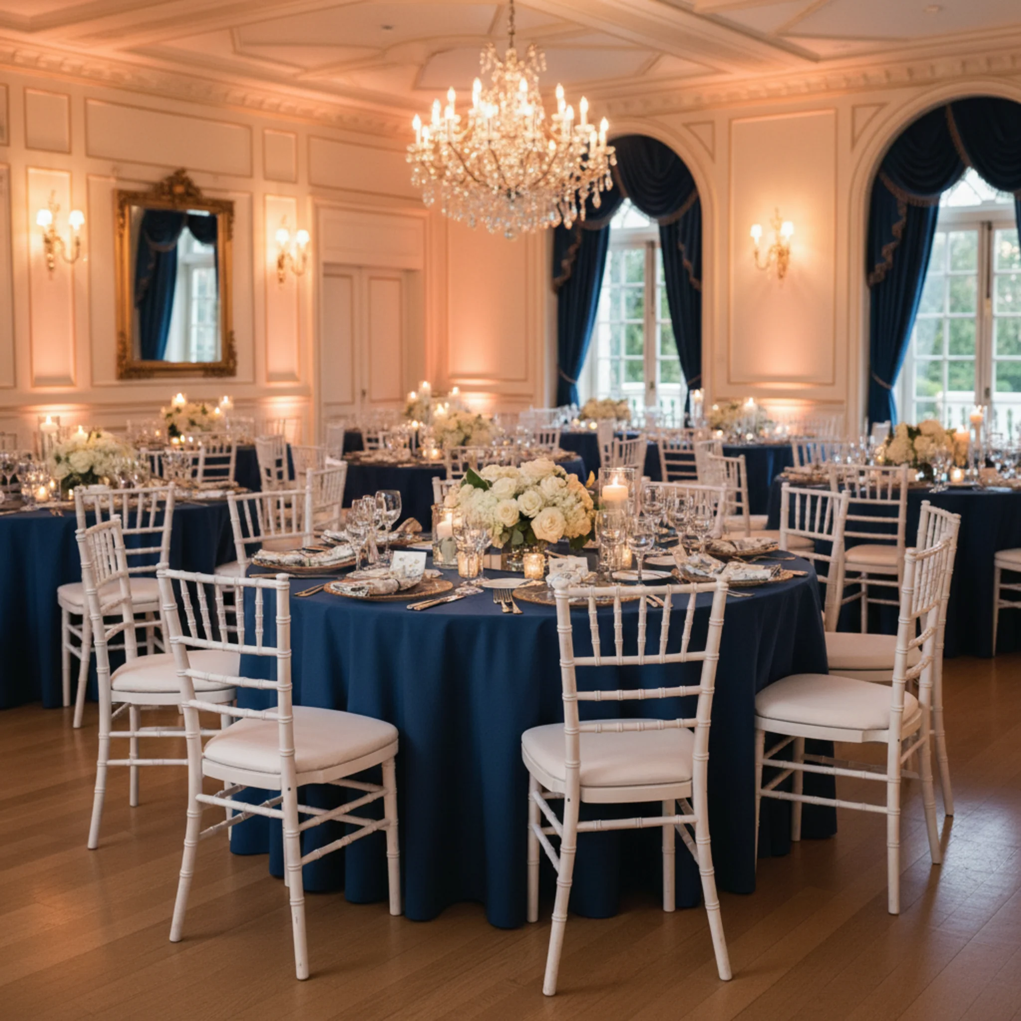 Round Premium Polyester 132" Tablecloth - Navy Blue - Image 6