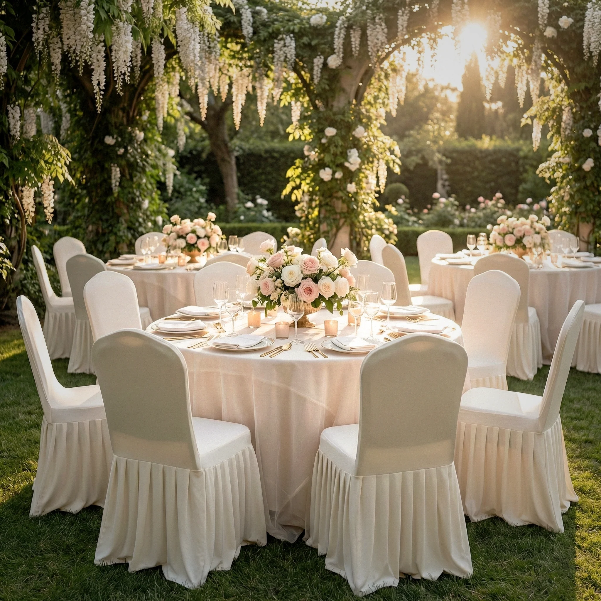 Ruffled Pleated Bottom Spandex Banquet Chair Cover - Ivory - Image 2
