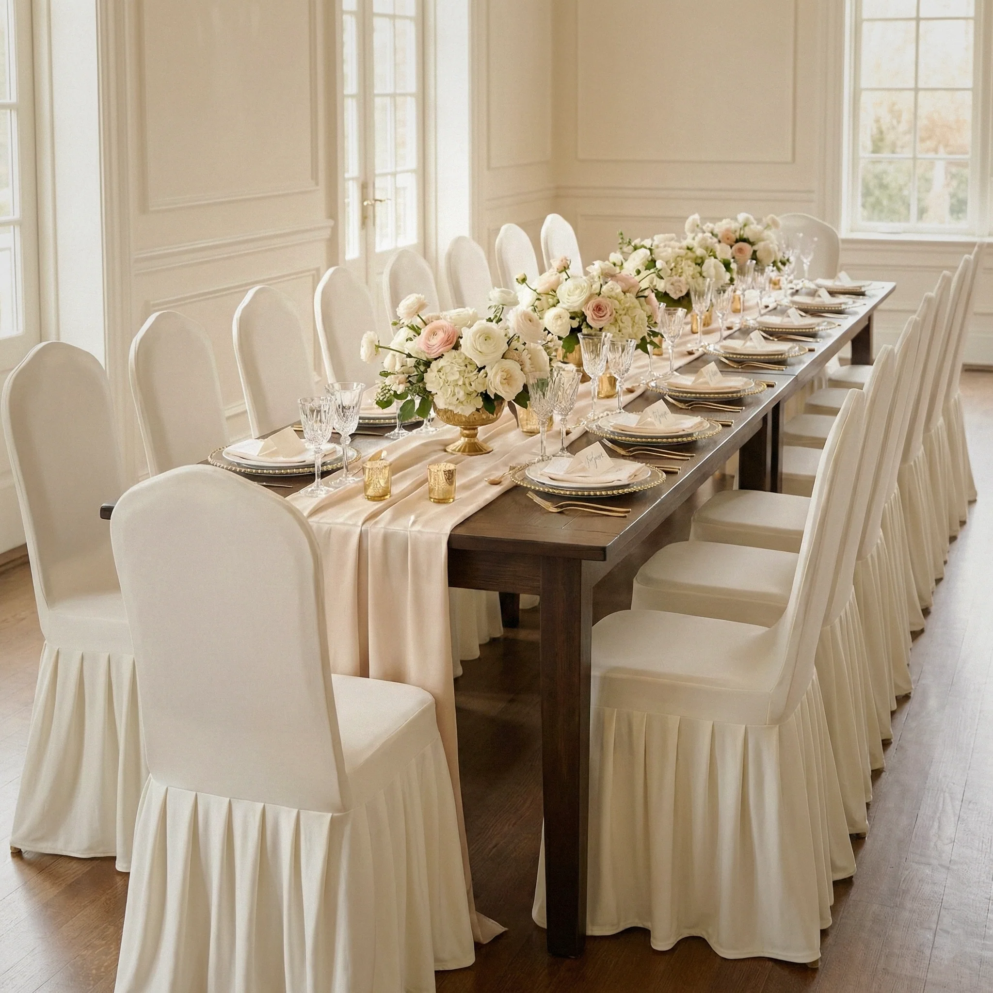 Ruffled Pleated Bottom Spandex Banquet Chair Cover - Ivory - Image 4