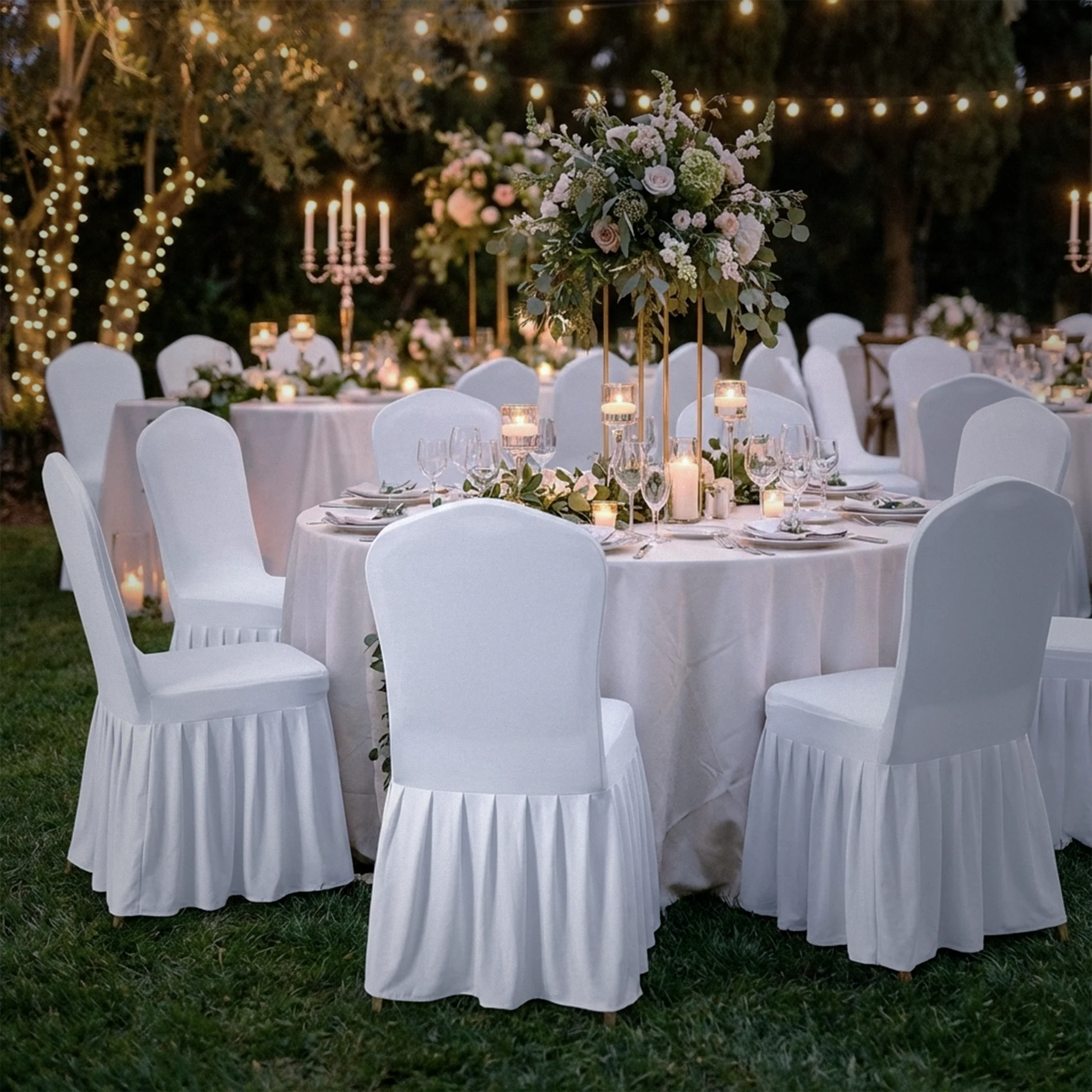Ruffled Pleated Bottom Spandex Banquet Chair Cover - White - Image 2