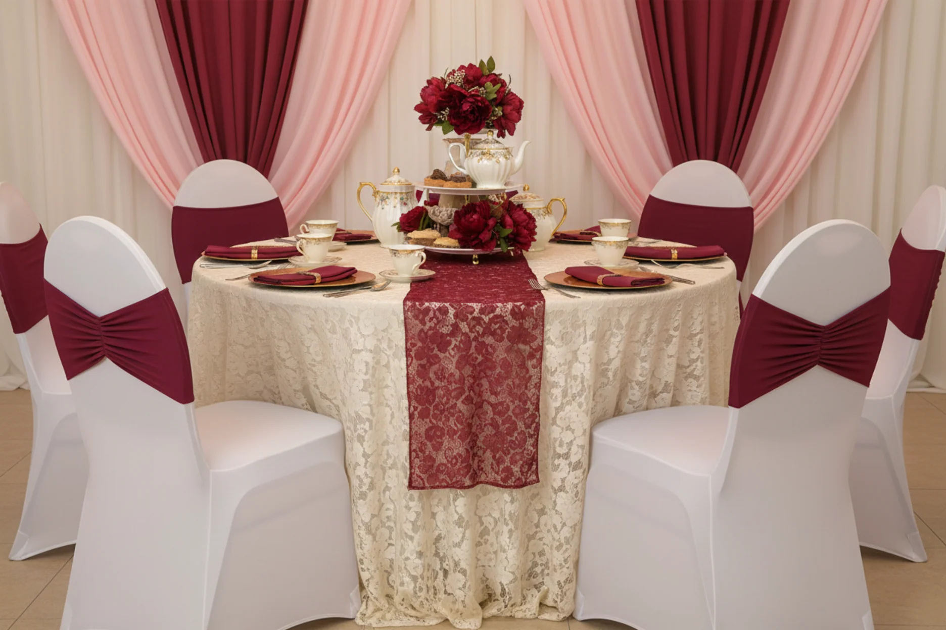 Ruffled Spandex Chair Band - Burgundy - Image 4