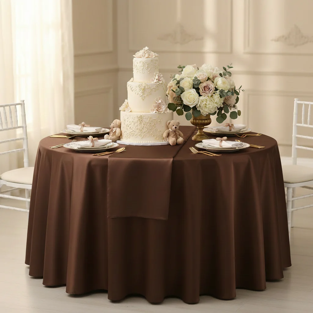 Satin 108" Round Tablecloth - Chocolate Brown - Image 4
