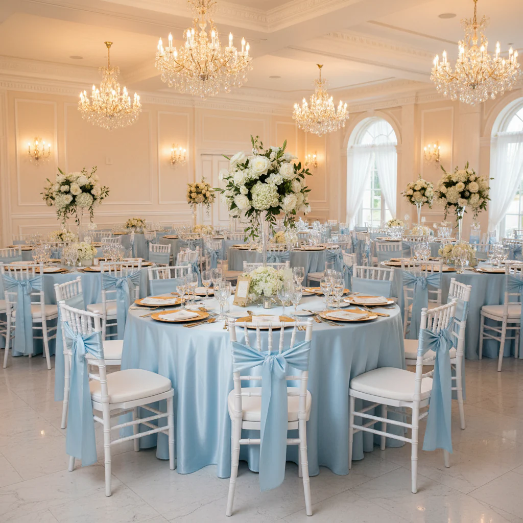 Satin 120" Round Tablecloth - Baby Blue - Image 4
