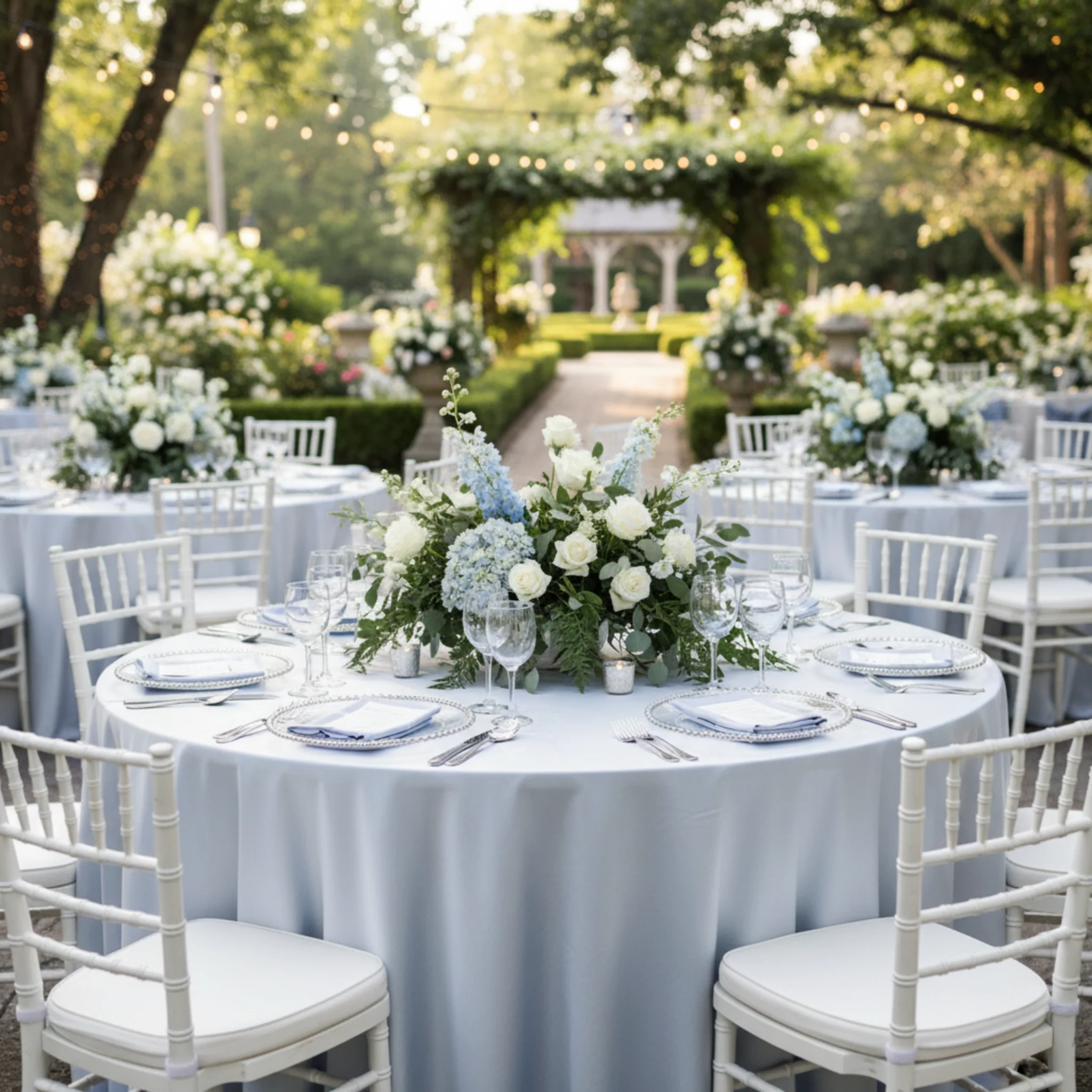 Satin 120" Round Tablecloth - Dusty Blue - Image 3