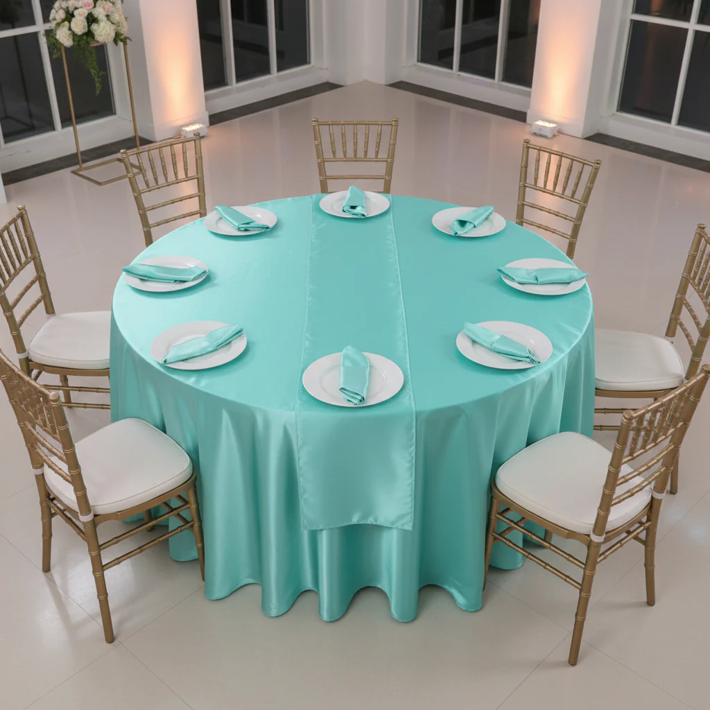 Satin 120" Round Tablecloth - Light Turquoise - Image 3