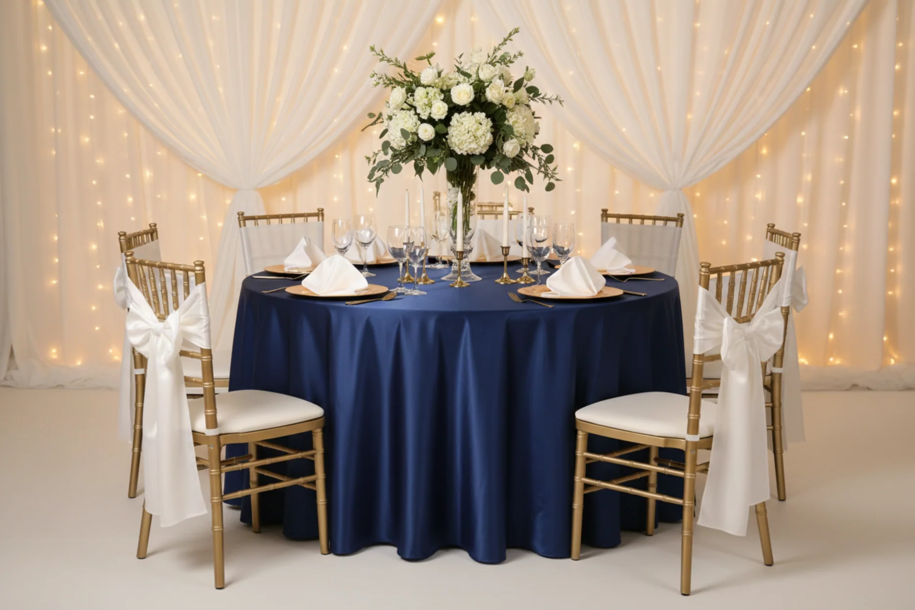 Satin 120" Round Tablecloth - Navy Blue - Image 3