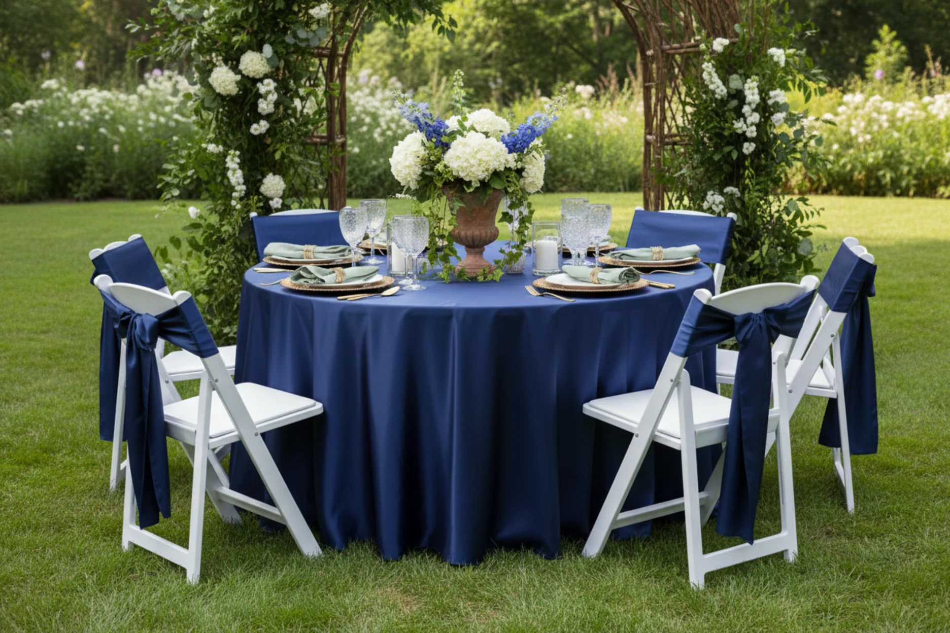 Satin 120" Round Tablecloth - Navy Blue - Image 4