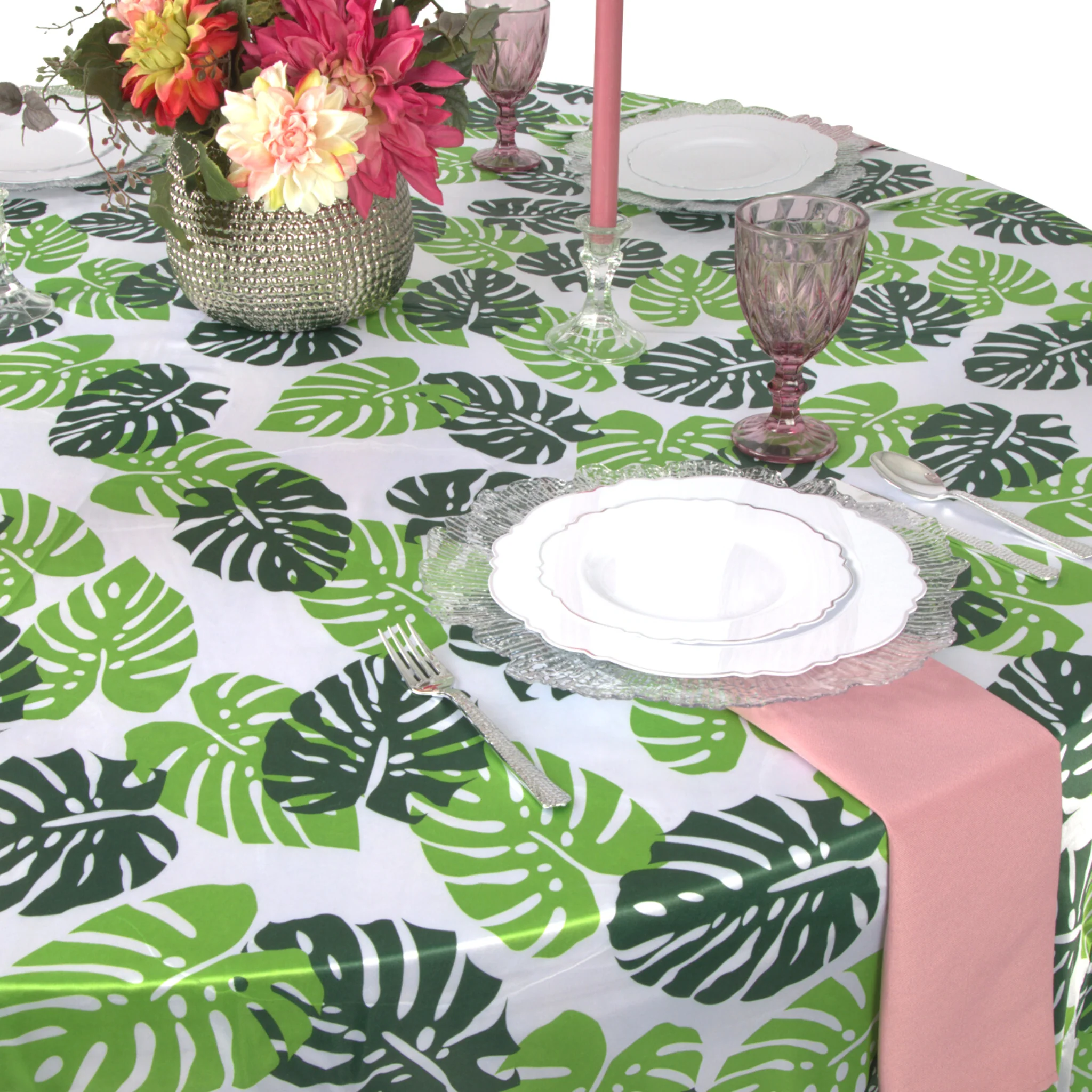 Satin 120" Round Tablecloth - Tropical Palm Leaf - Image 2