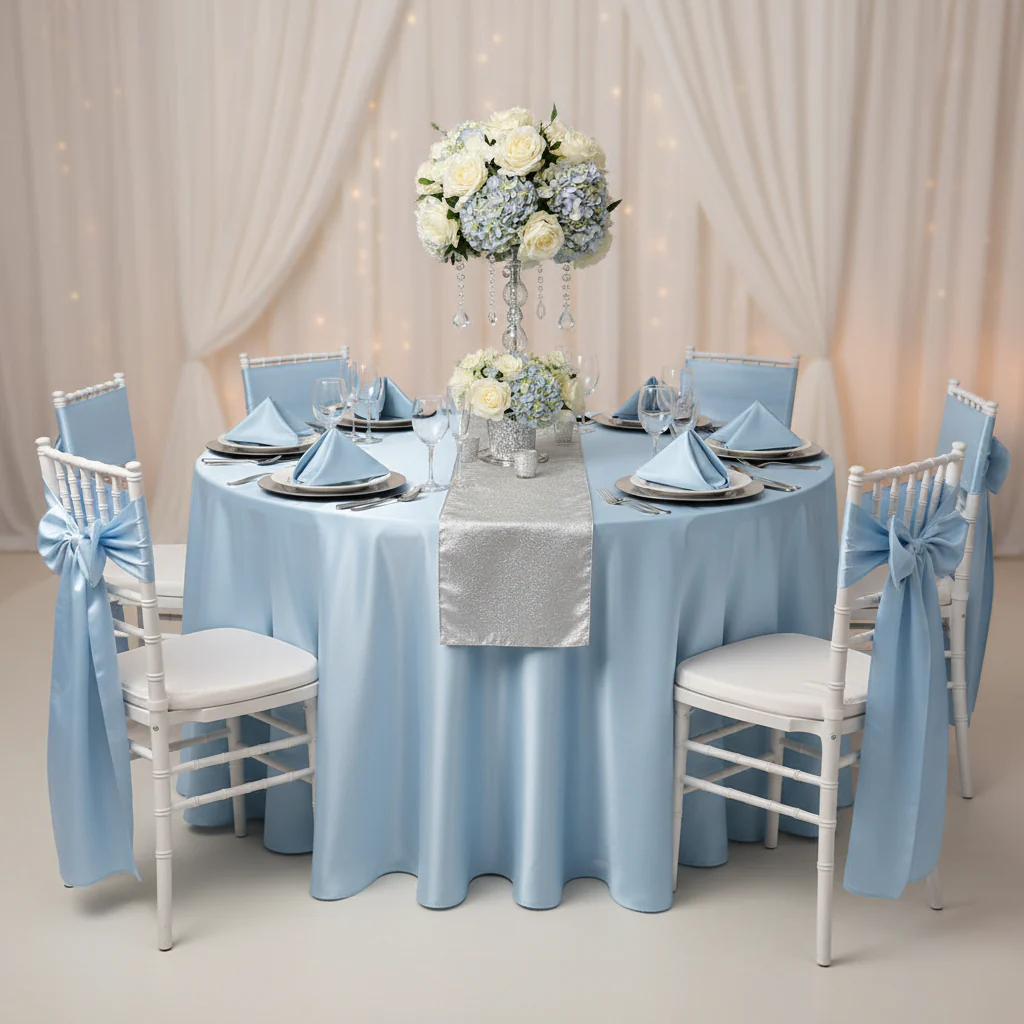 Satin 132" Round Tablecloth - Baby Blue - Image 4
