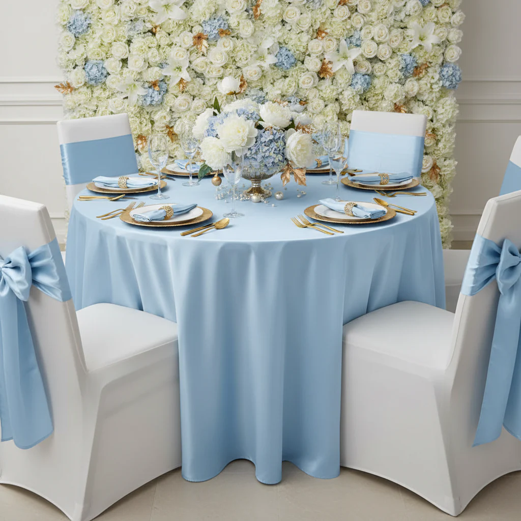 Satin 132" Round Tablecloth - Baby Blue - Image 6