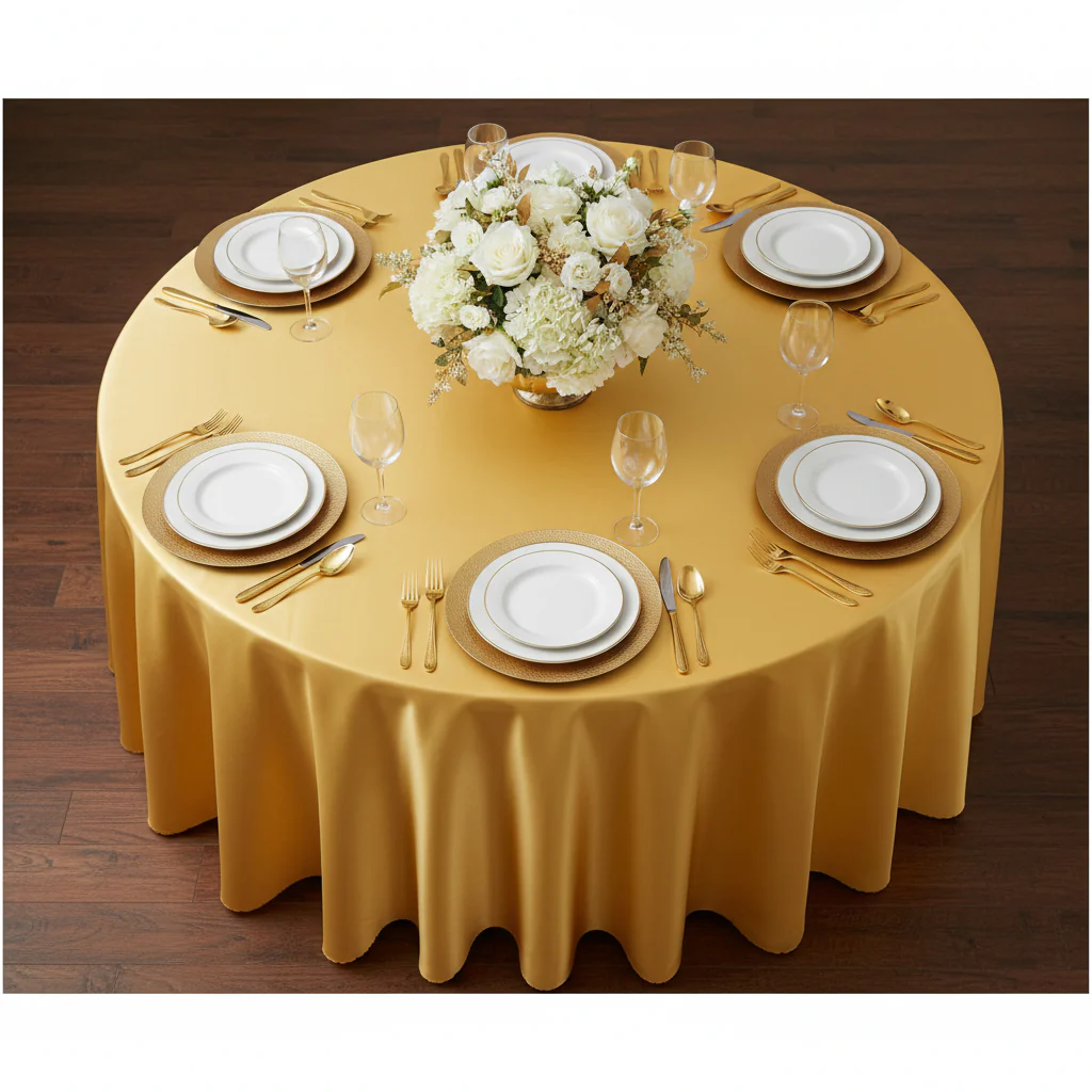Satin 132" Round Tablecloth - Bright Gold - Image 3
