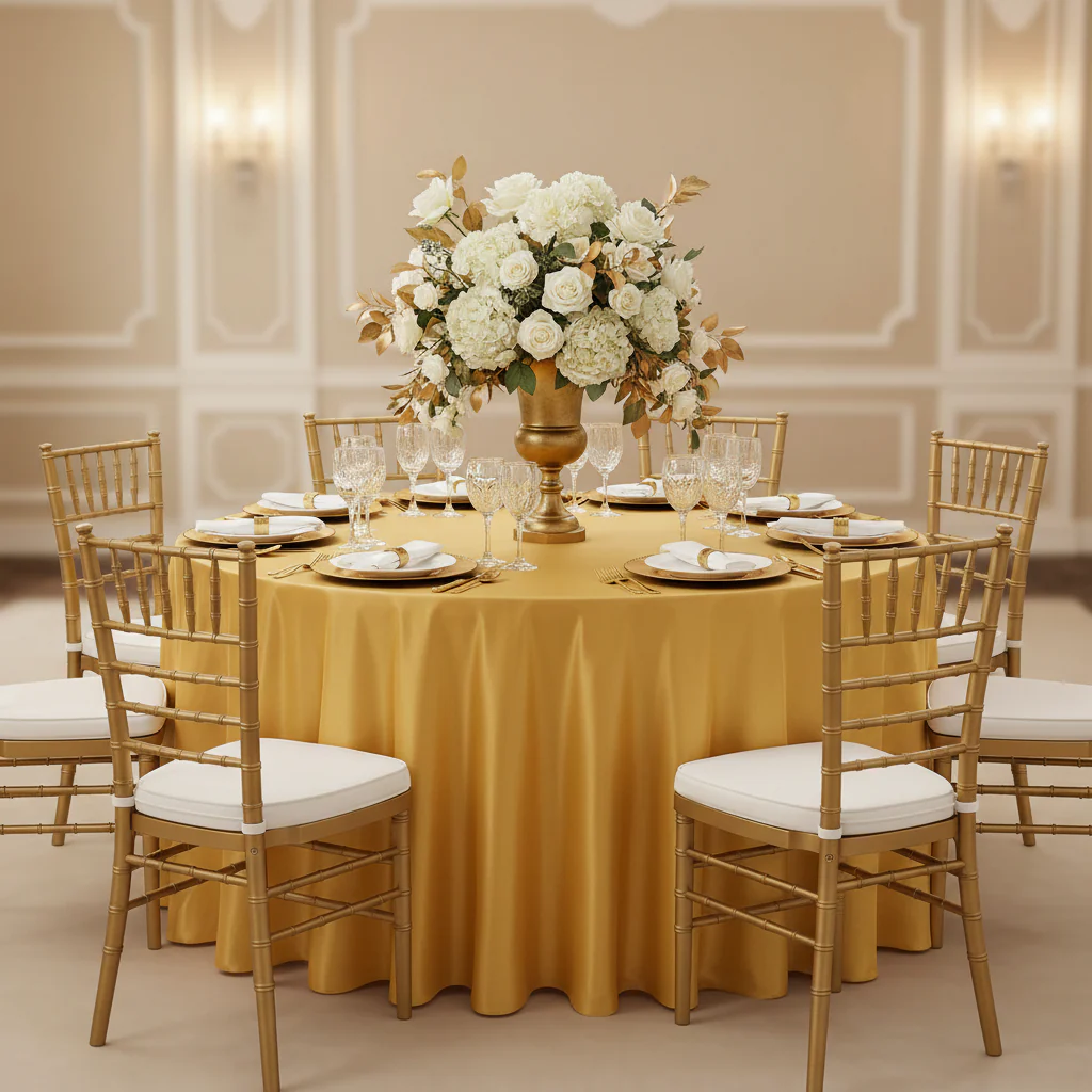 Satin 132" Round Tablecloth - Bright Gold - Image 5