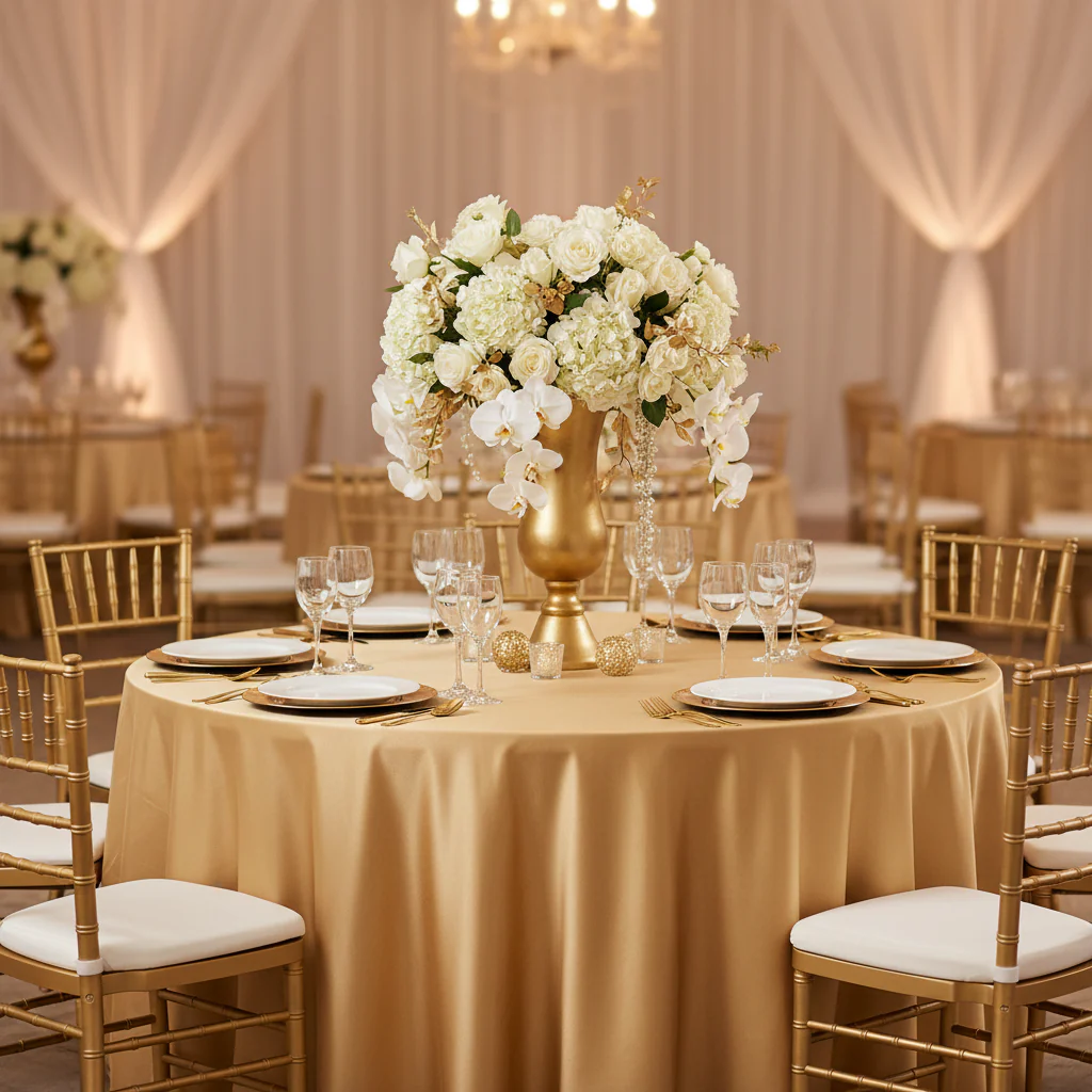 Satin 132" Round Tablecloth - Gold Antique - Image 5