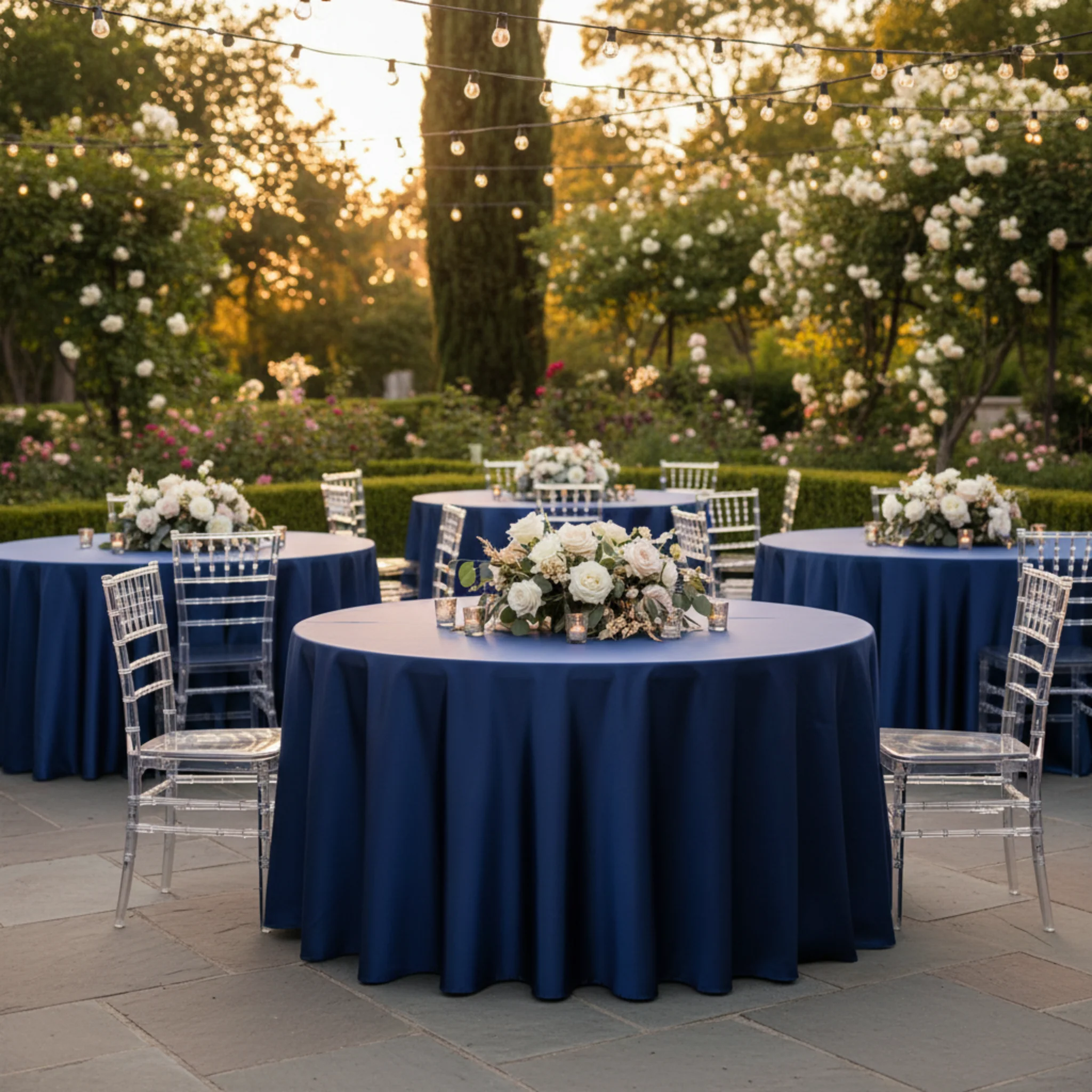 Satin 132" Round Tablecloth - Navy Blue - Image 3