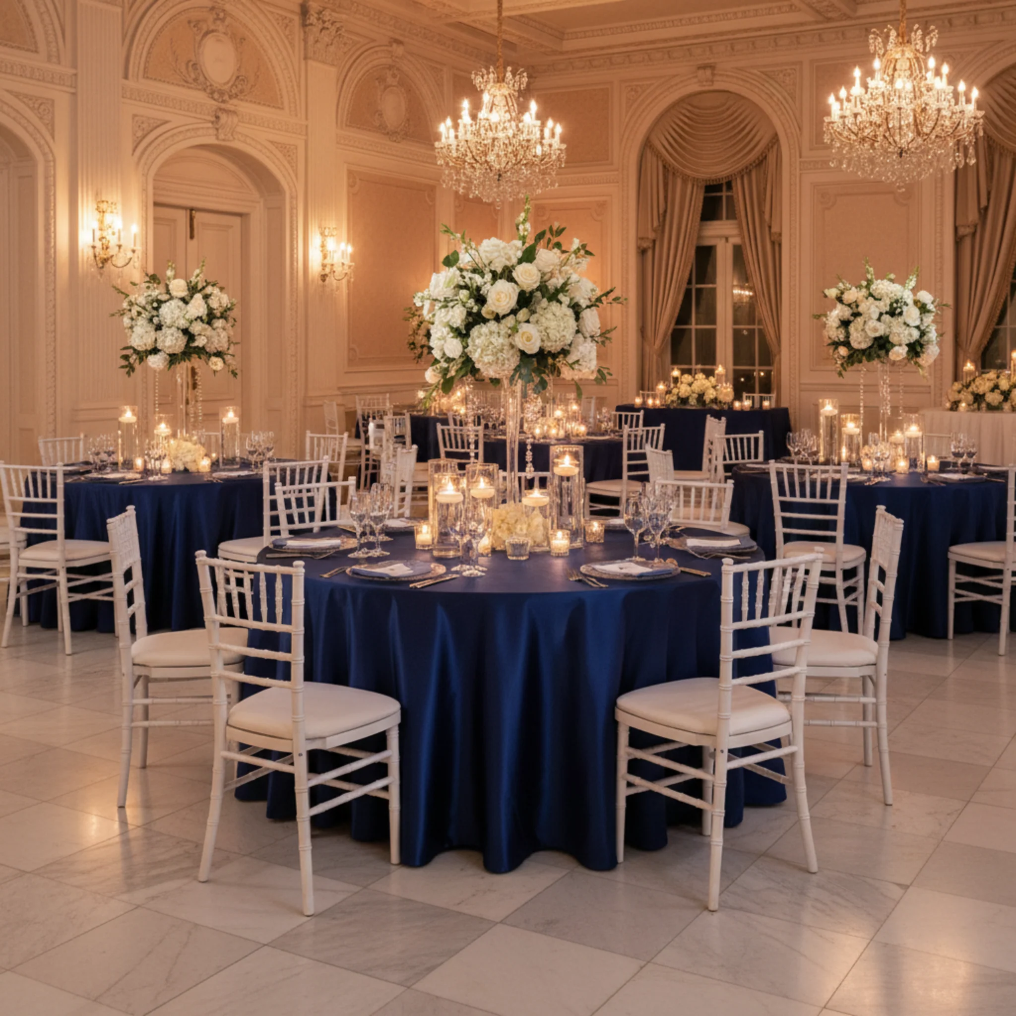 Satin 132" Round Tablecloth - Navy Blue - Image 4